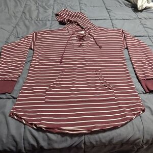 Maurices Womens Striped Burgundy And White Laced Up Neck Hoodie Size L